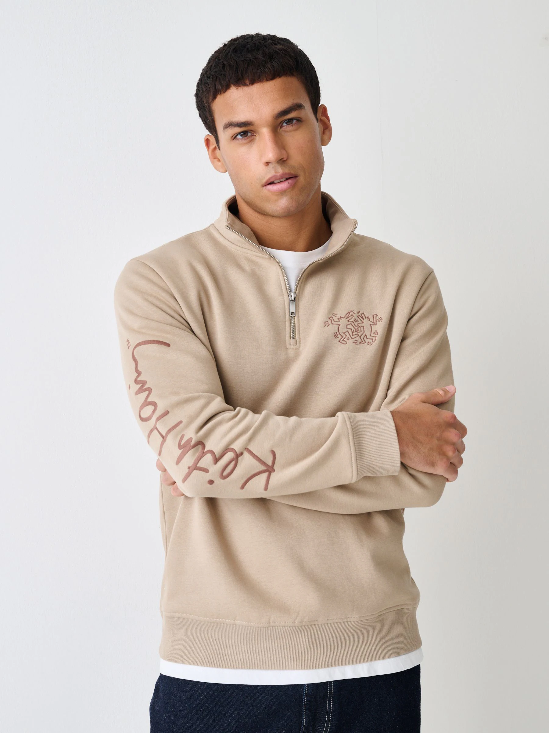 Neutraal kiezelkleurig - Keith Haring Licence Graphic Print Quarter Zip Neck Sweatshirt