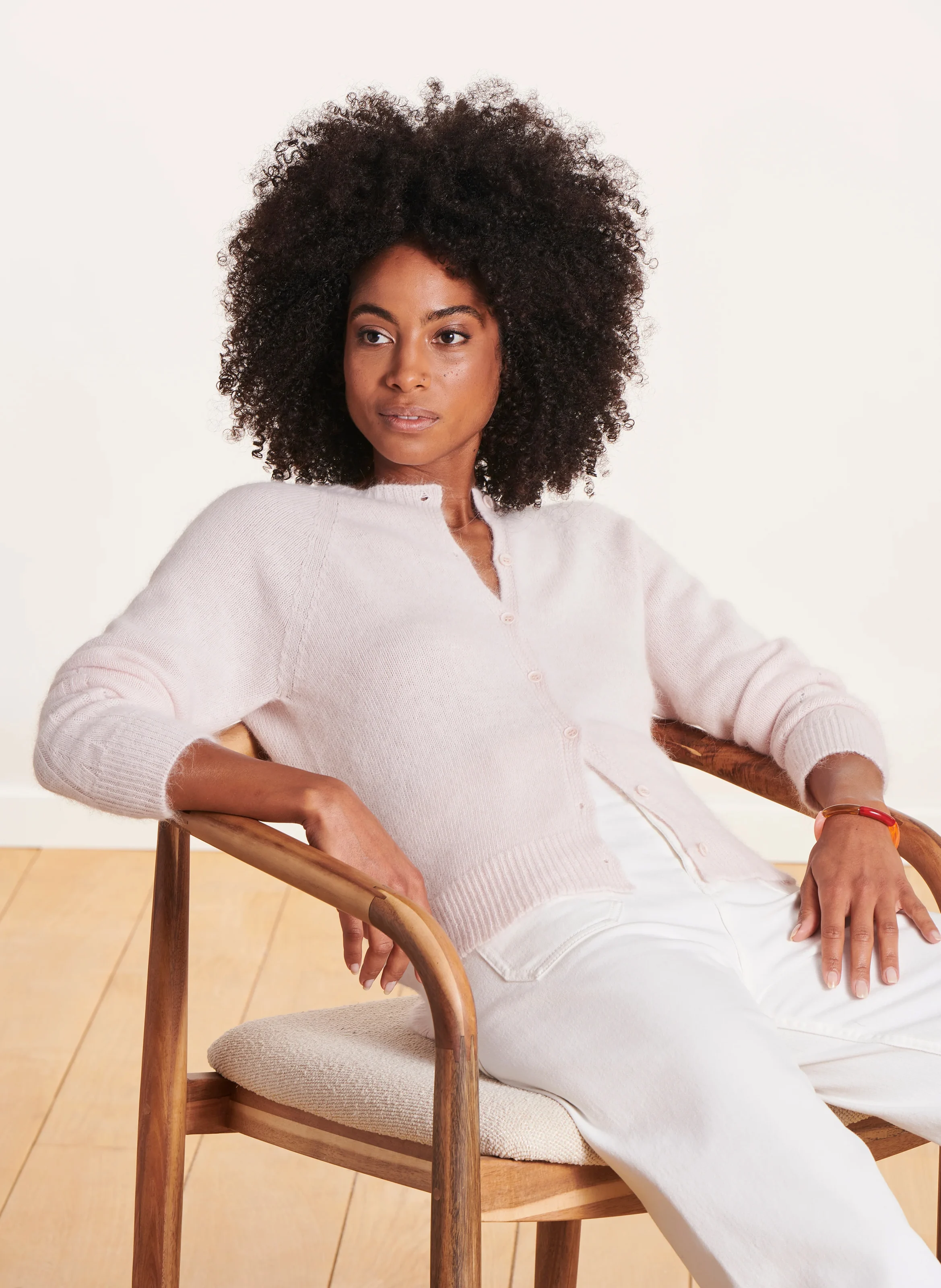 Gilet col rond en angora mélangé | Blanc