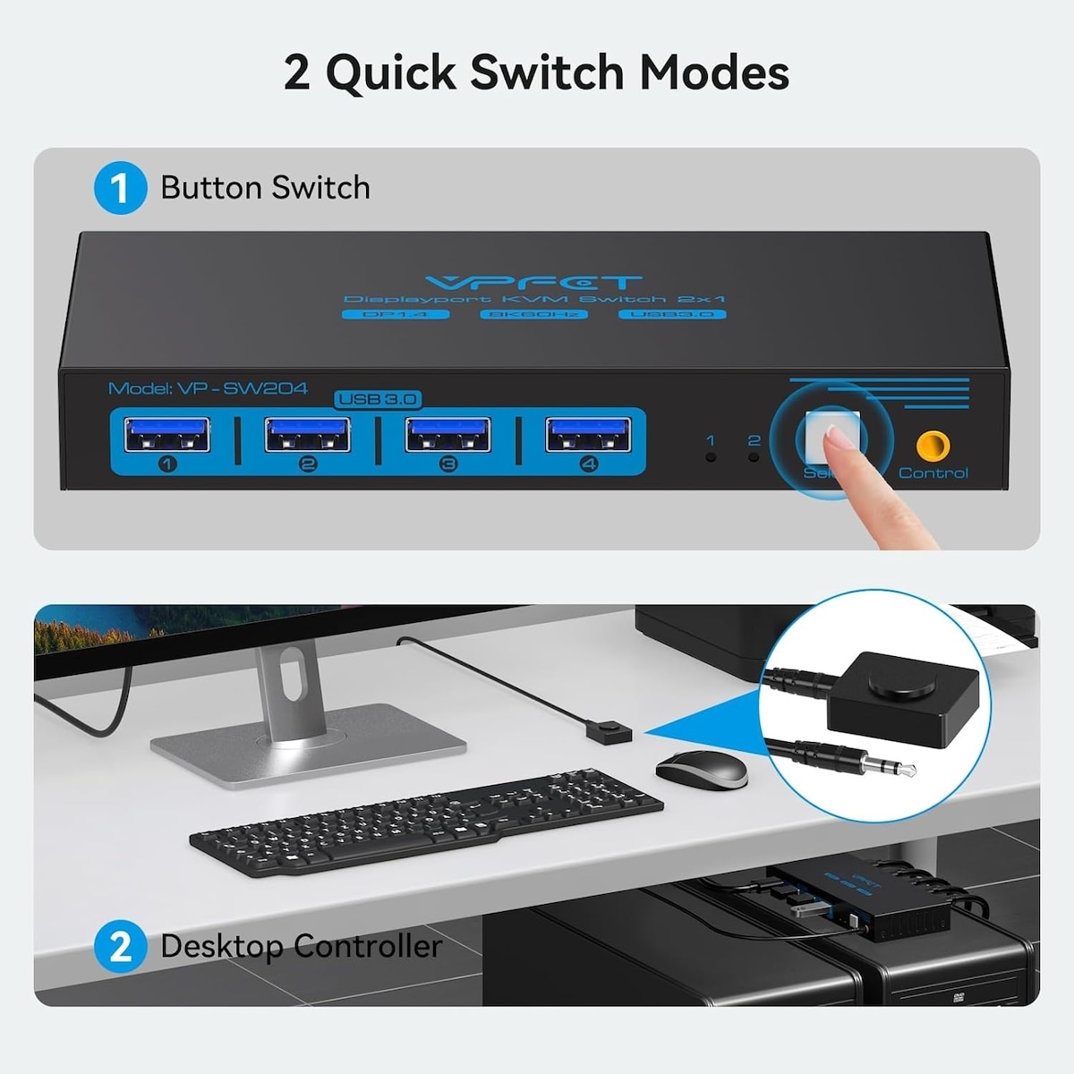 NÖRDIC KVM-svitsj 2 til 1 DisplayPort til DisplayPort, 8K60Hz/4K120Hz, 4x USB-A