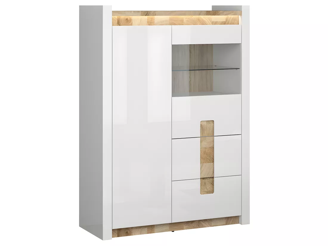 Vaisselier 2 portes 2 tiroirs avec LED Helios Blanc laqué et Bois