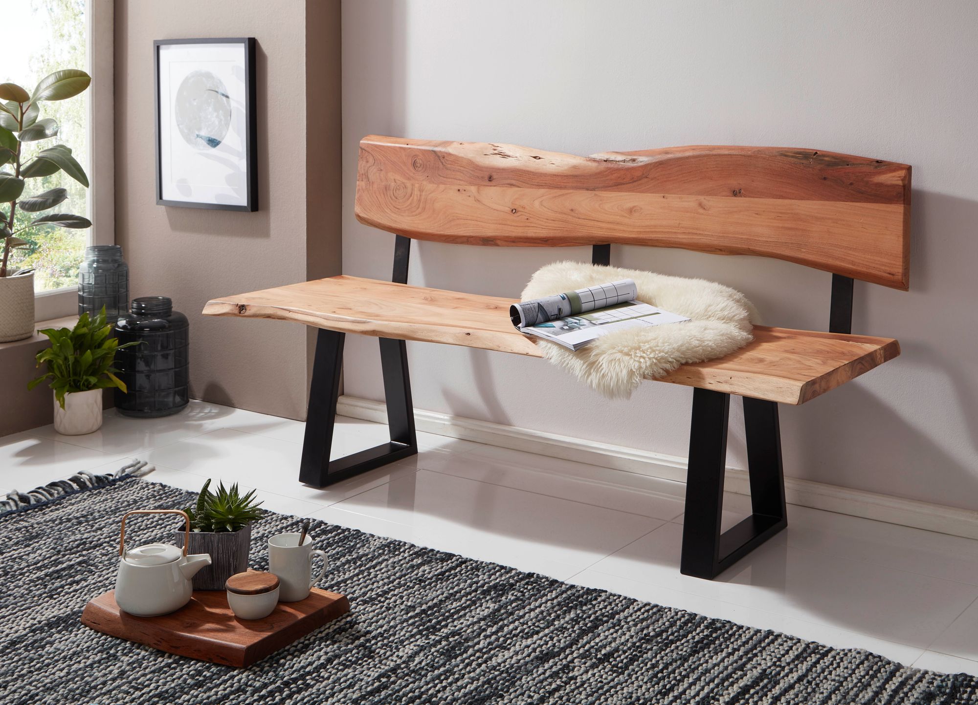 FineBuy Esszimmerbank 160cm Essbank mit Lehne Baumkante Sitzbank Bank Holz