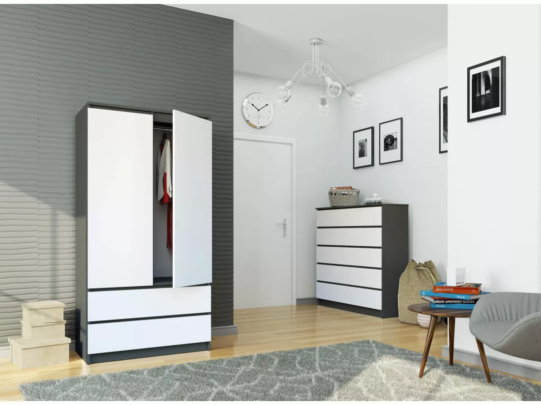 Armoire AKORD S90 Gris Graphite 90 cm 2 portes 2 tiroirs façade Blanche 4 étagères 90x51x180 cm