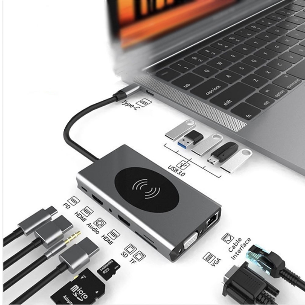 14in1 USB C Multiport Adapter mit Qi-Charger / 2x 4K HDMI / VGA / USB C / 5x USB 3.0 / LAN / 3.5mm Audio / SD & Micro SD Kartenlesegerät - Grau