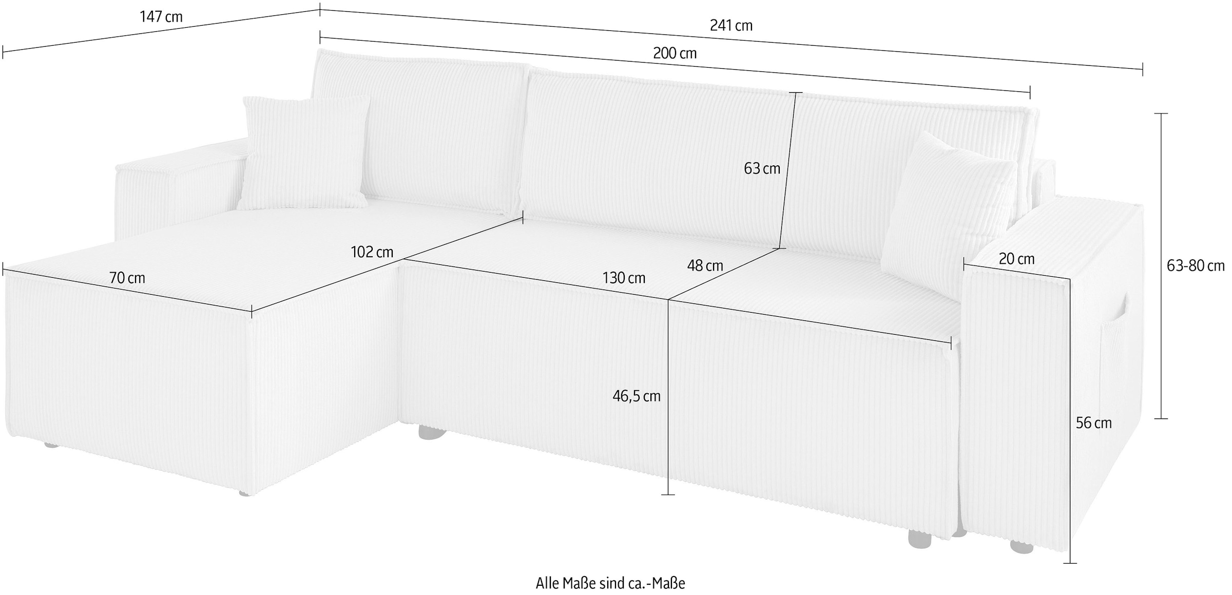 GOODproduct Ecksofa »CASSI, 241cm, L-Form, Schlafsofa, Bettkasten, Boxspringfederung, Cord« Schlaffunktion (133/200) ,Bettkasten, Recamiere links/rechts, Cord