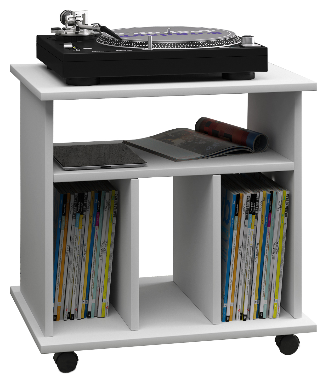 Schallplatten-Regal - weiß - 60 cm breit - auf Rollen