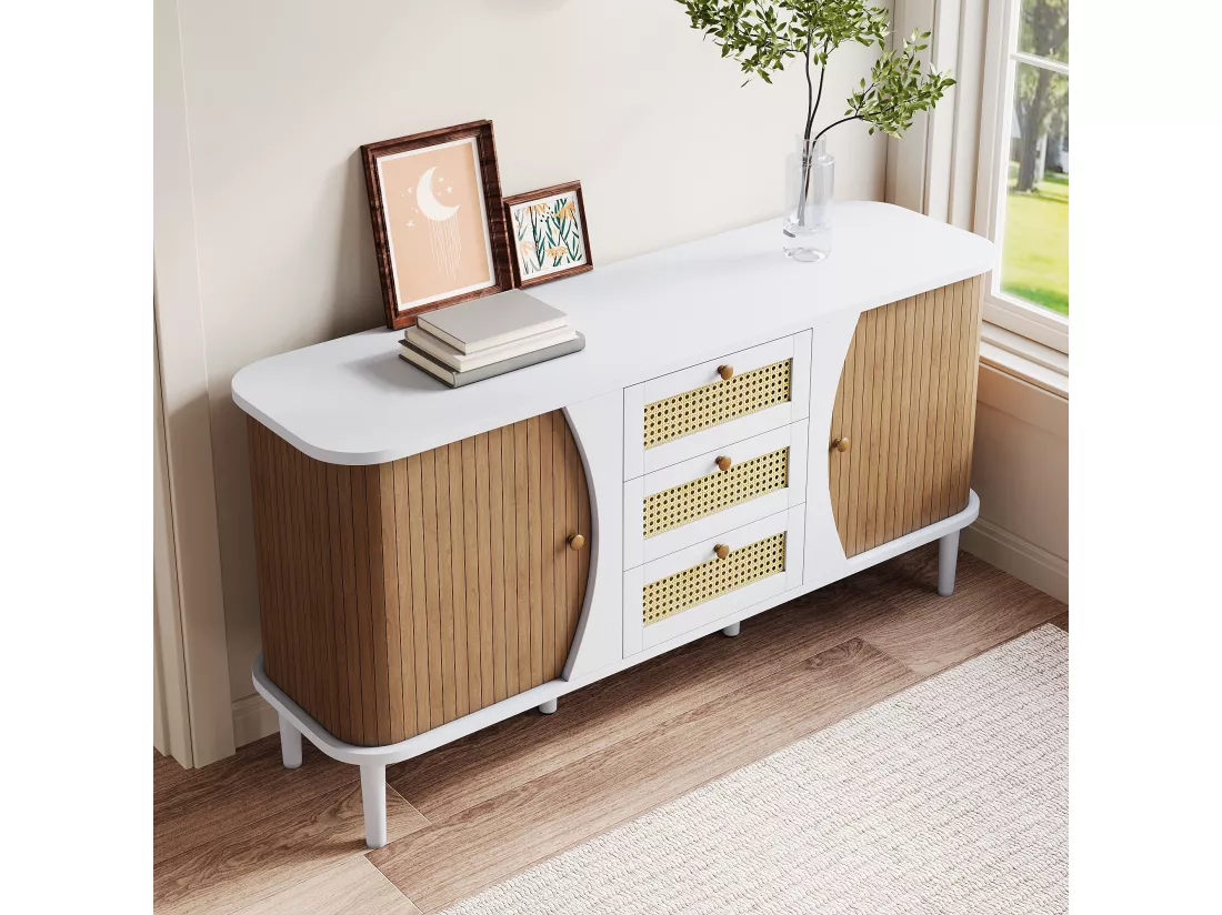 Buffet bas avec 2 portes coulissantes et 3 tiroirs en rotin, commode - 140.5 x 40 x 76 - Panneaux de particules - Blanc et naturel