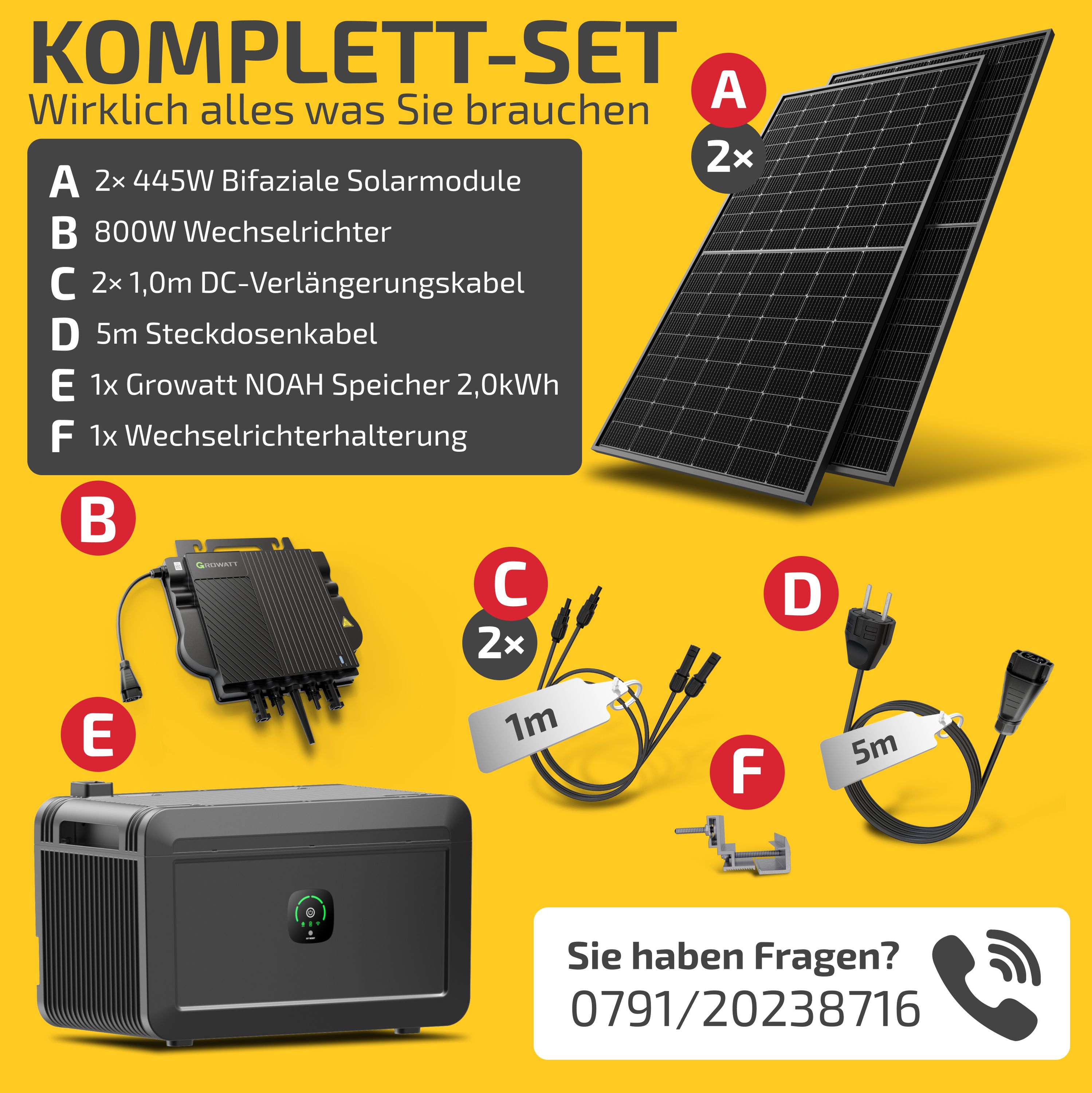 Balkonkraftwerk mit Speicher, 890W/800W Solaranlage Steckerfertig WIFI Komplettset Photovoltaik Anlage 800W, Kabellänge: 5m, Solakon