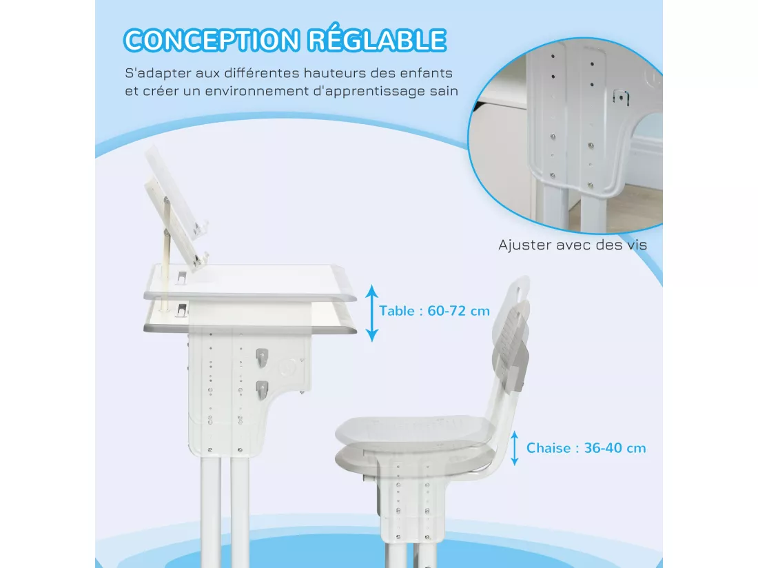 Bureau enfant avec chaise - ensemble bureau et chaise réglable - support de lecture, case - gris blanc
