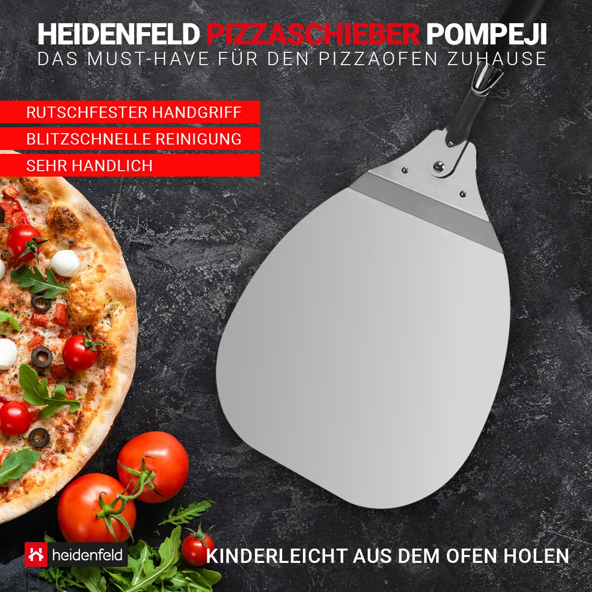 Heidenfeld Pizzaschieber Pompeji, klappbar, Aluminium + Gummi, Pizzaschaufel mit TPR-Griff