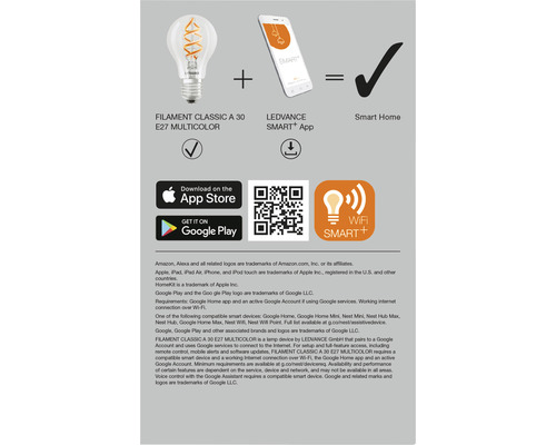 Ledvance Smart+ Filament Classic LED-lamp, dimbaar, A60 E27/4,5W (30W), helder, 300 lm, 2700 K warm wit + RGBW WiFi