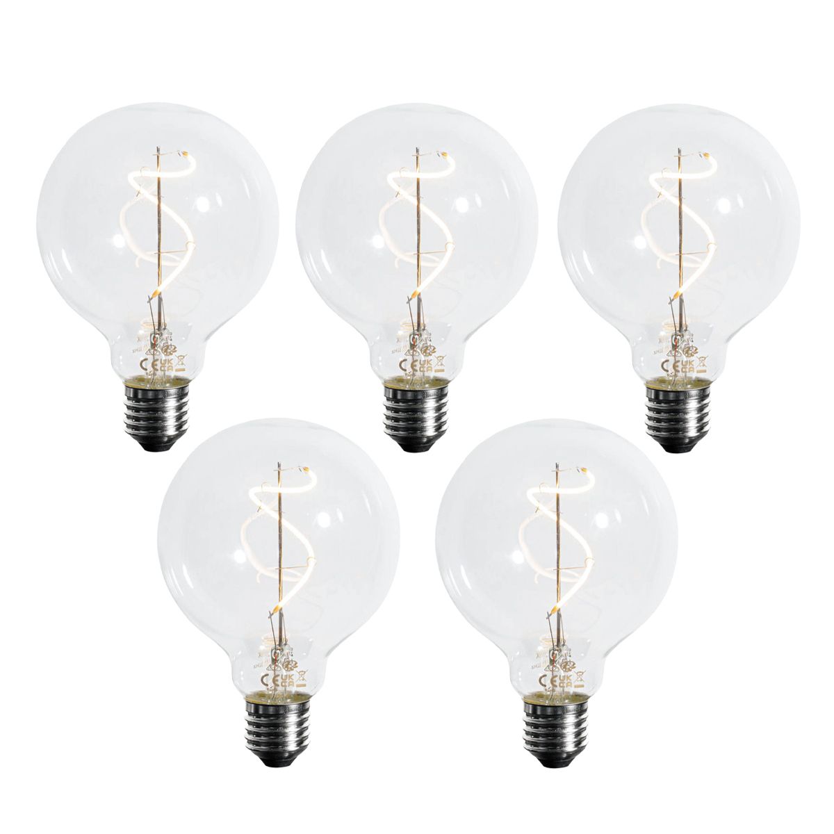 Set van 5 E27 dimbare LED spiraal filament G95 4W 270 lm 2700K