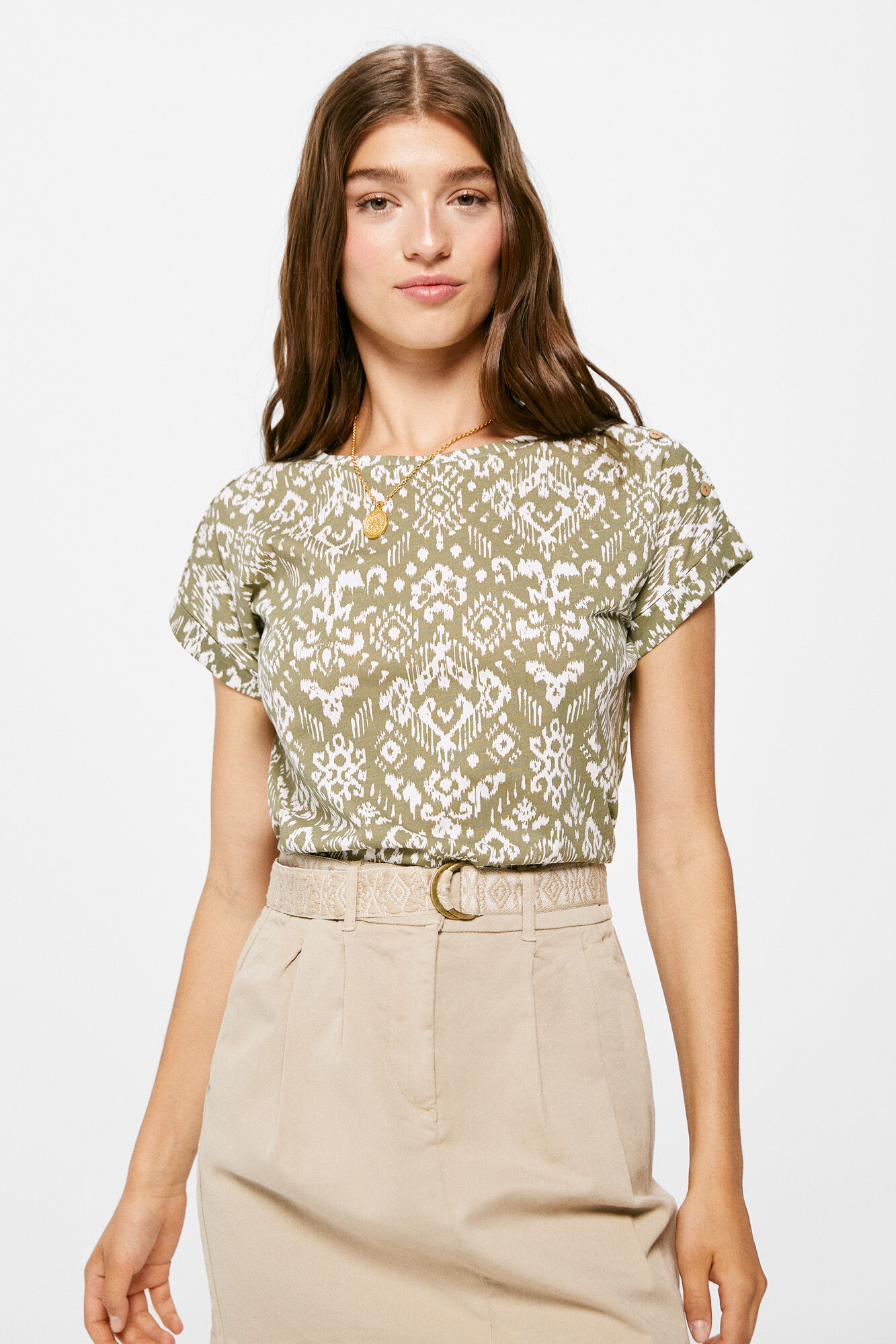 Camisa estampada com botões - Cáqui escuro