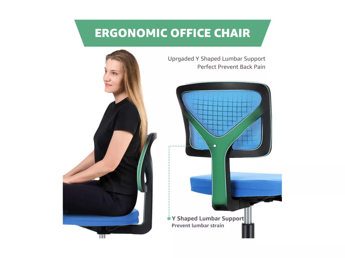 Chaise de bureau,Chaise d'ordinateur pivotante avec support lombaire,sans accoudoir,maille à dossier bas,bleu