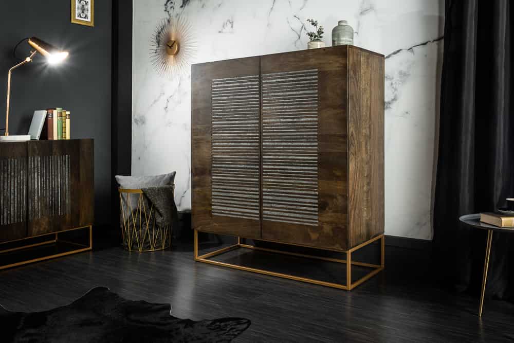 Massives Highboard ONYX 120cm dunkelbraun Mangoholz Edelstein Achat gold Metallgestell