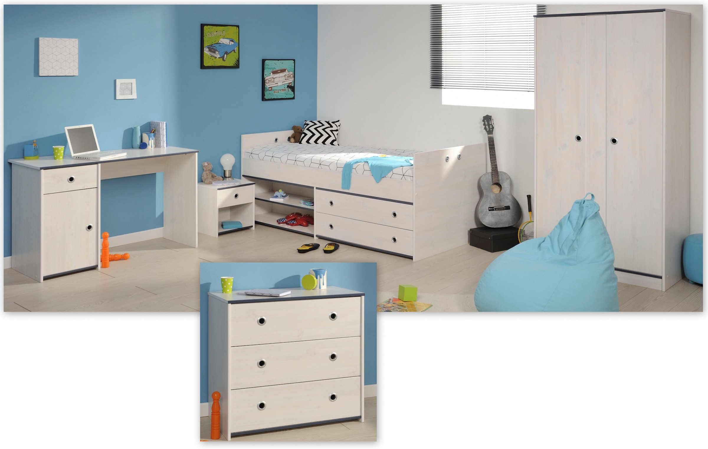 Parisot Jugendzimmer-Set »Smoozy« Set, Stauraumbett, Nachttisch, Kleiderschrank, Schreibtisch und Kommode, 5 Stk. tlg.