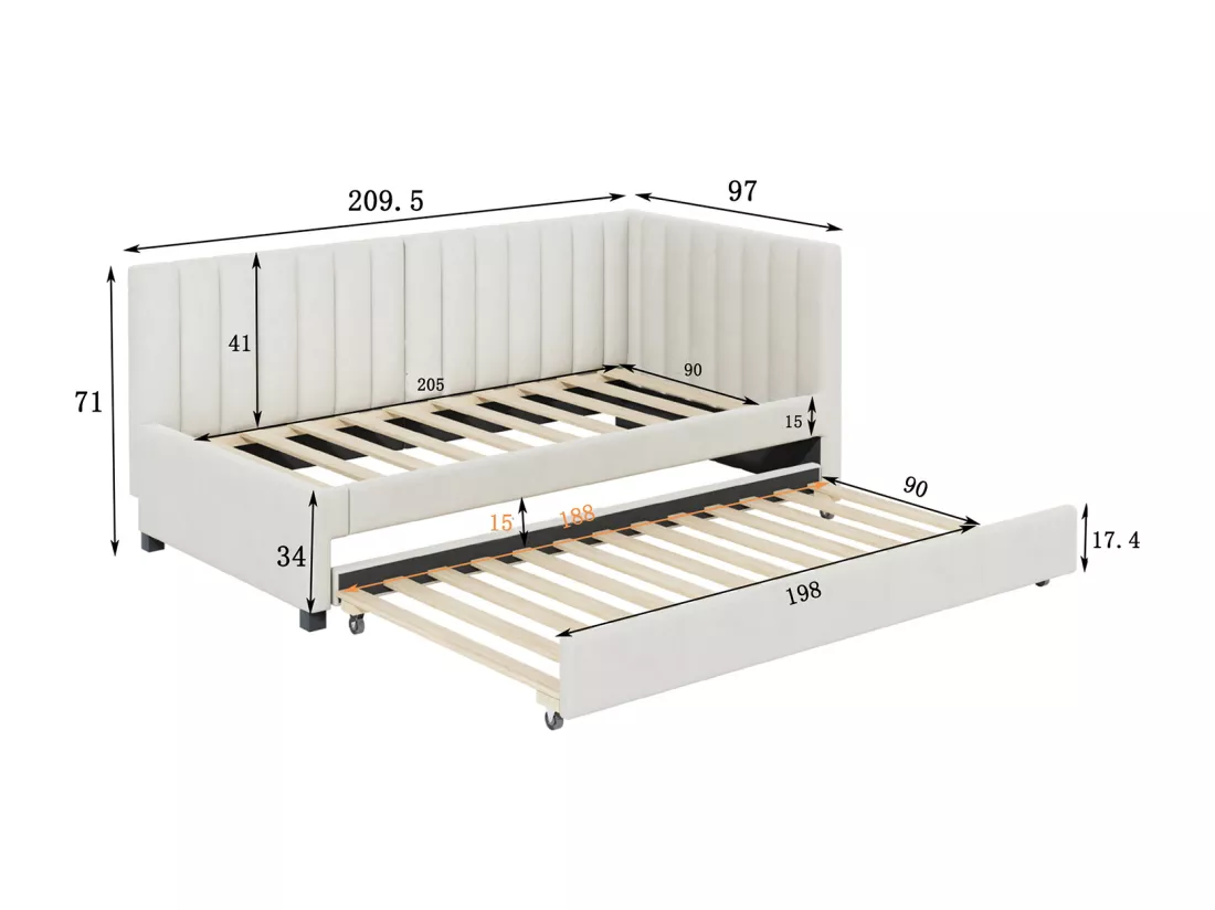 Lit simple 90x200 cm avec un lit gigogne - rembourré en velours avec sommier à lattes - Beige