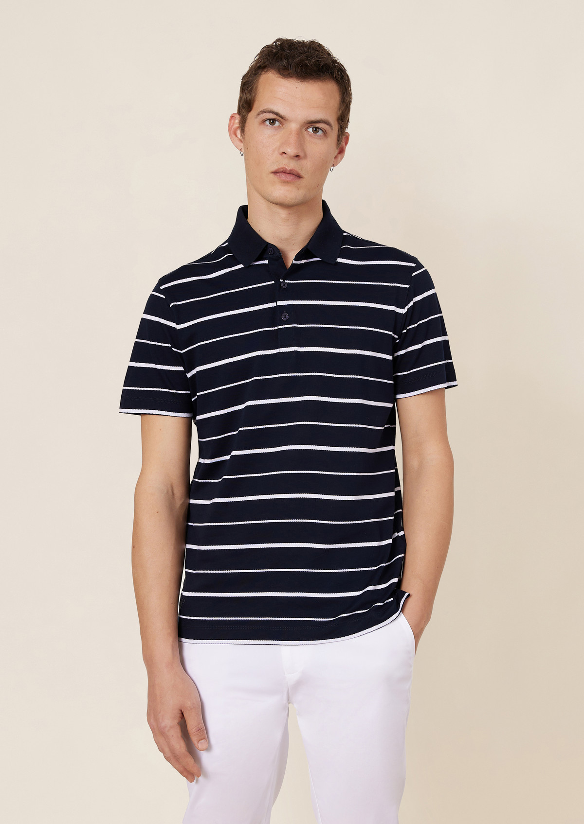 Polo manches courtes Slim en coton bleu marine à rayures blanches