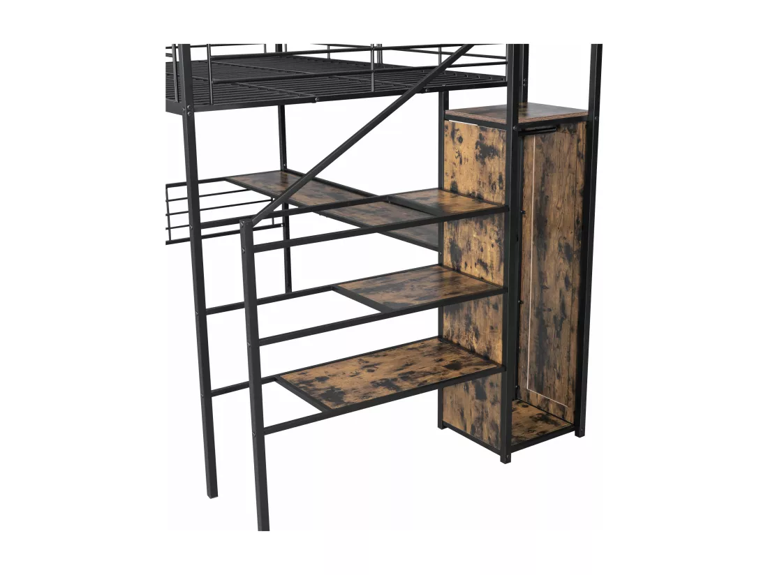 Lit mezzanine 140x200cm en métal - avec bureau、armoire et échelle de rangement - Noir