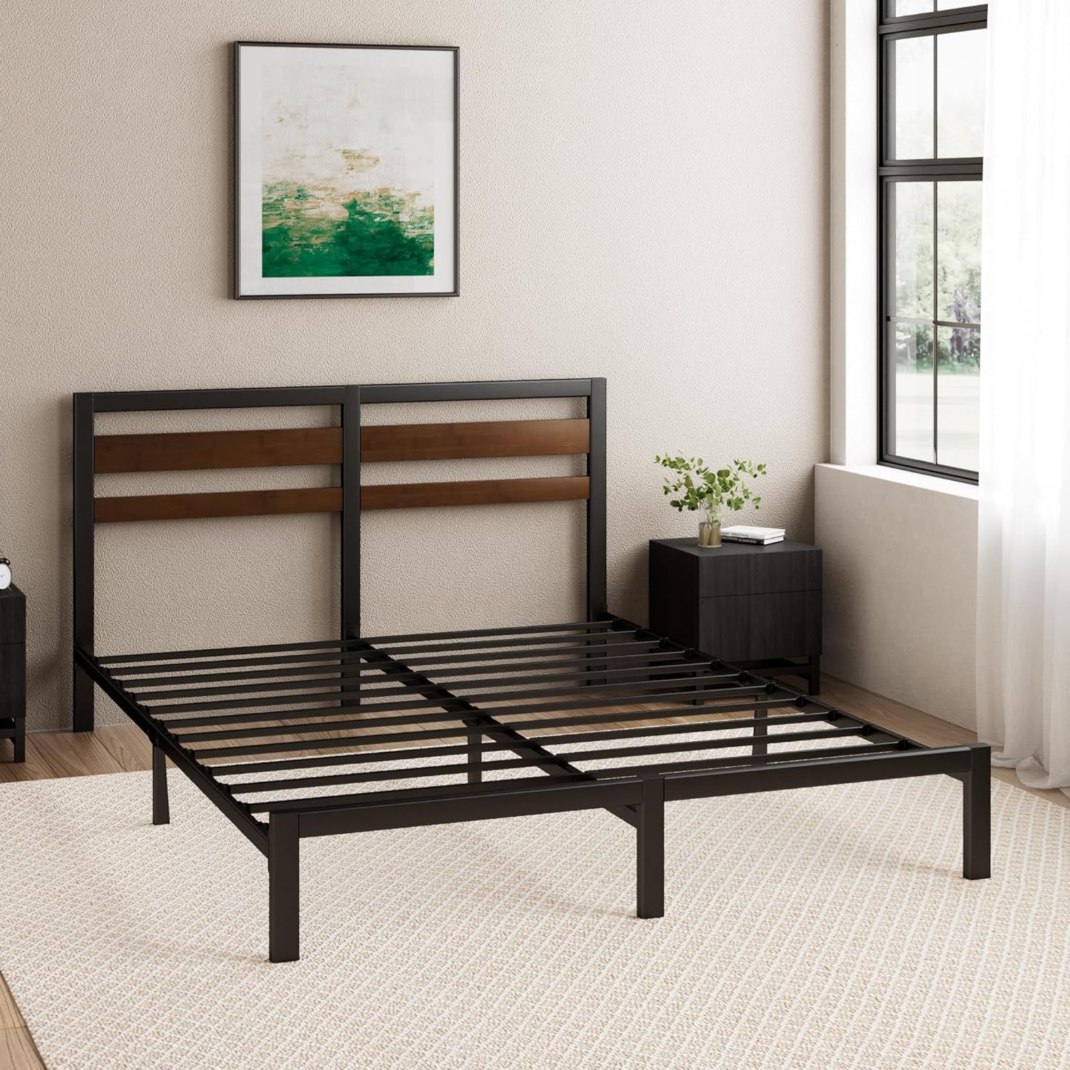Zinus Doppelbett Kai 135x190 cm - Höhe 80 cm - nachhaltiges Bambus- & Metallbettrahmen mit Kopfteil - Stahllattenstütze - umweltfreundliches Bettgestell - einfache Montage - Schwarz und Braun