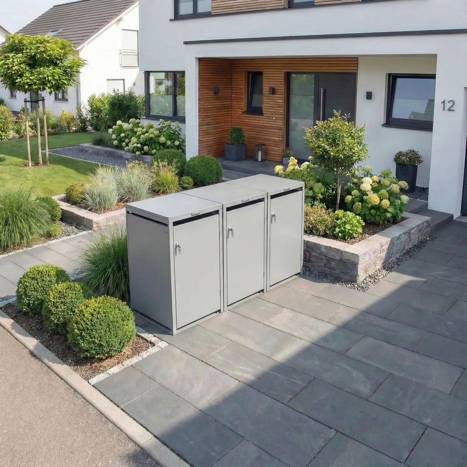 Metzler Mülltonnenbox 3er 240L in Graualuminium, Mülltonnenverkleidung für 3 Tonnen abschließbar und mit Automatikdeckel, pulverbeschichteter & witterungsbeständiger Stahl in RAL9007, Müllbox rostfrei