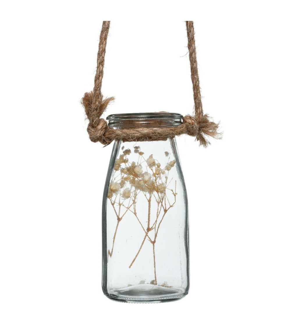 Suspension en bois et corde 4 fleurs séchées dans 4 vases en verre