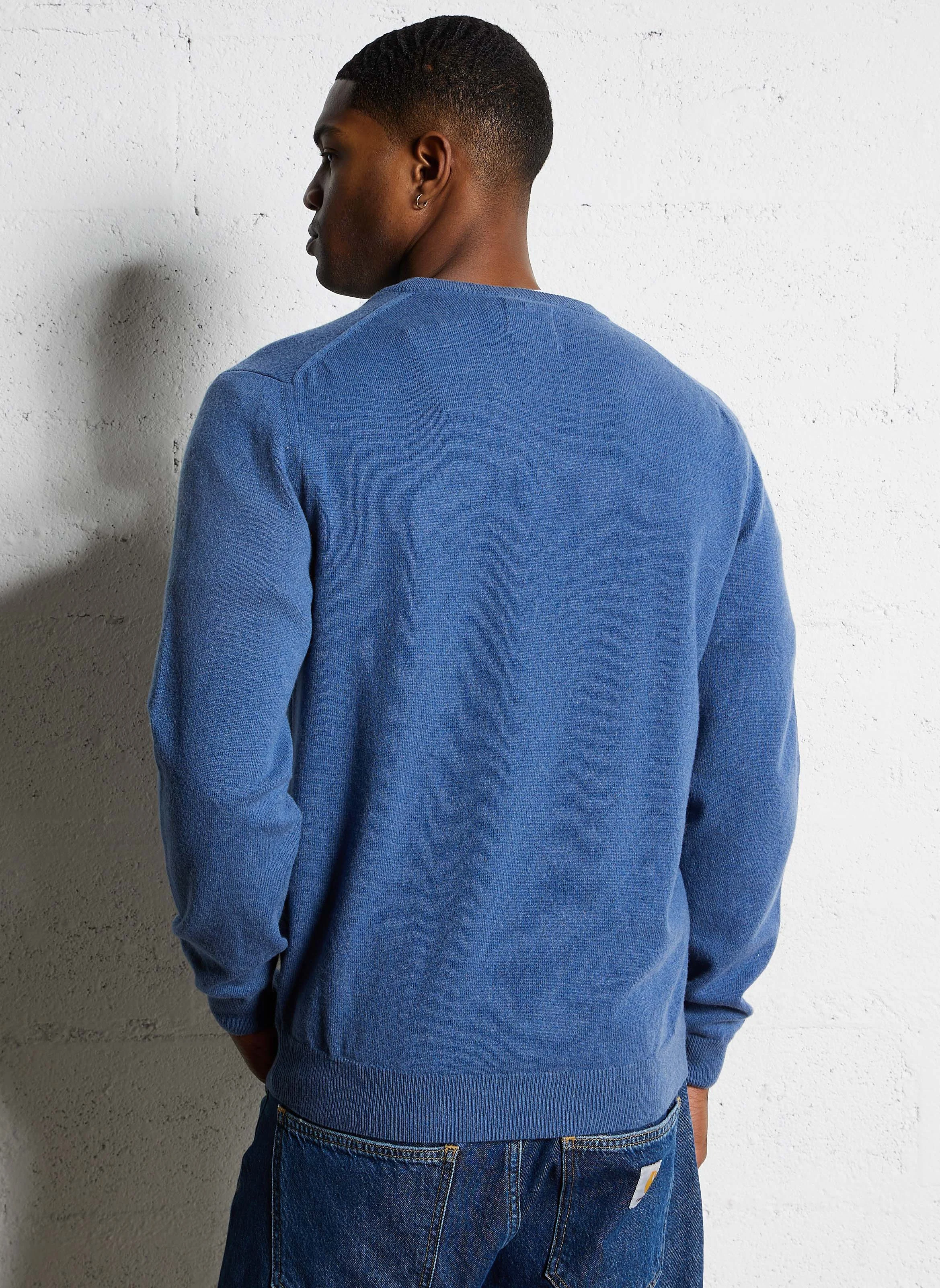 Pull droit col V brodé en laine | Bleu