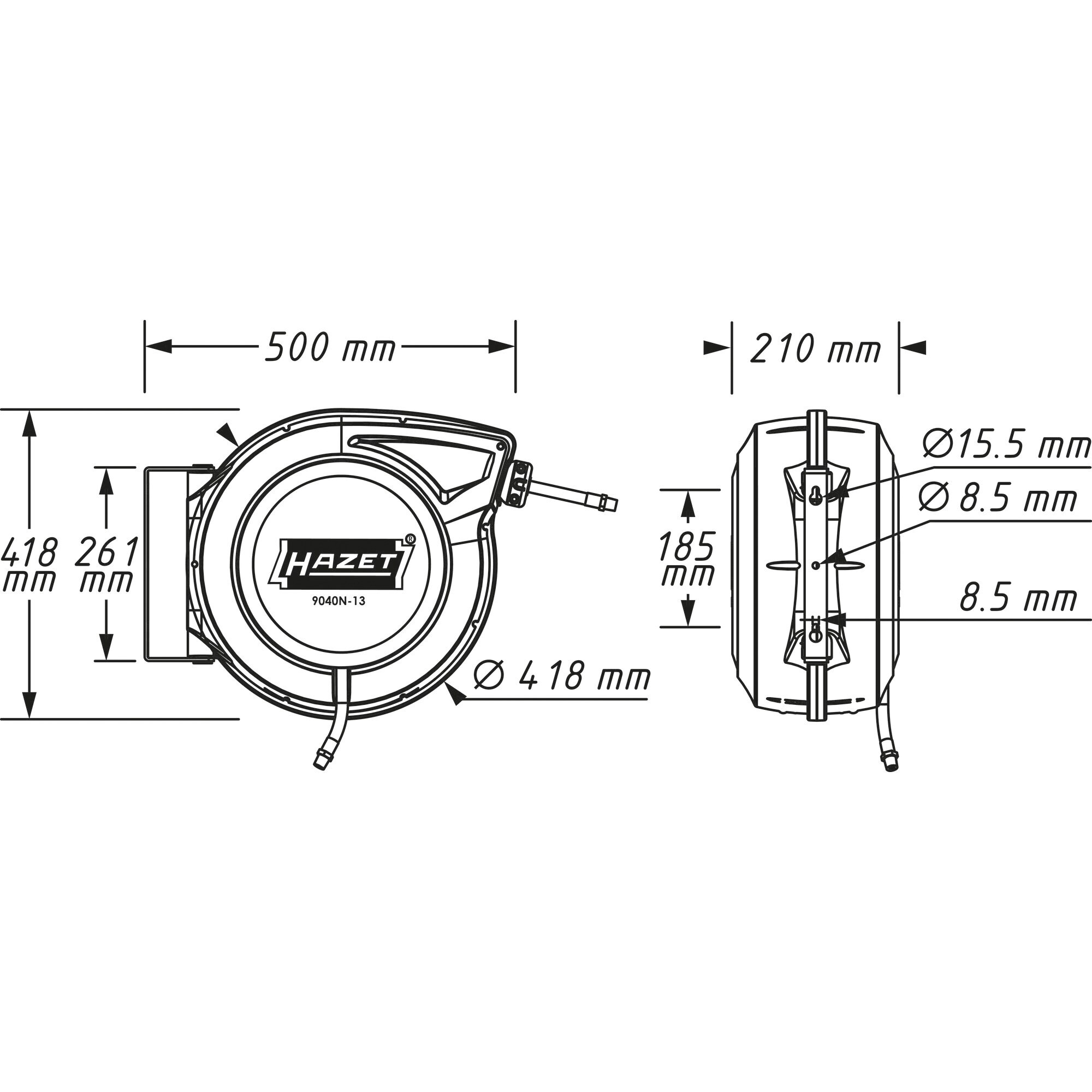 Hazet Druckluftschlauch Schlauchaufroller 9040N-13, 15 Meter