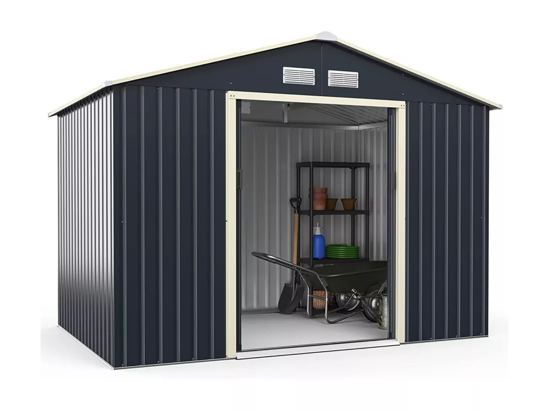 Abri de Jardin en Métal 5,29 ㎡ 277 x 191 x 202 cm avec 2 Portes Coulissantes Verrouillables 4 Trous d’Aération（Gris)