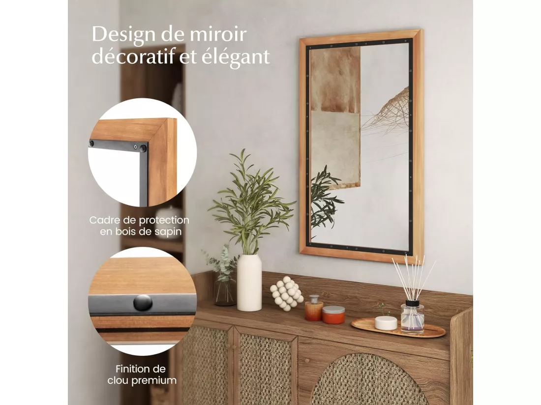 Miroir mural rustique avec cadre en bois de sapin, 50 x 90 cm (style 1)