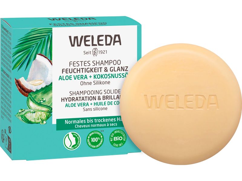 WELEDA Festes Shampoo Feuchtigkeit Glanz 50 g Natürliches Shampoo verleiht gesund aussehendes Haar, das natürlich glänzt