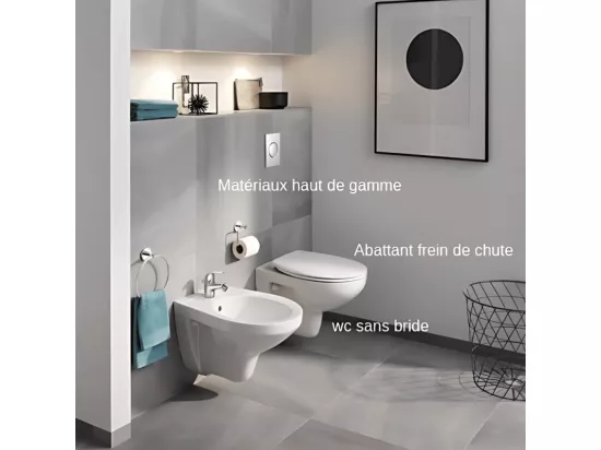 Grohe Pack WC suspendu sans bride Bau Ceramic + abattant + plaque blanche + bâti Grohe