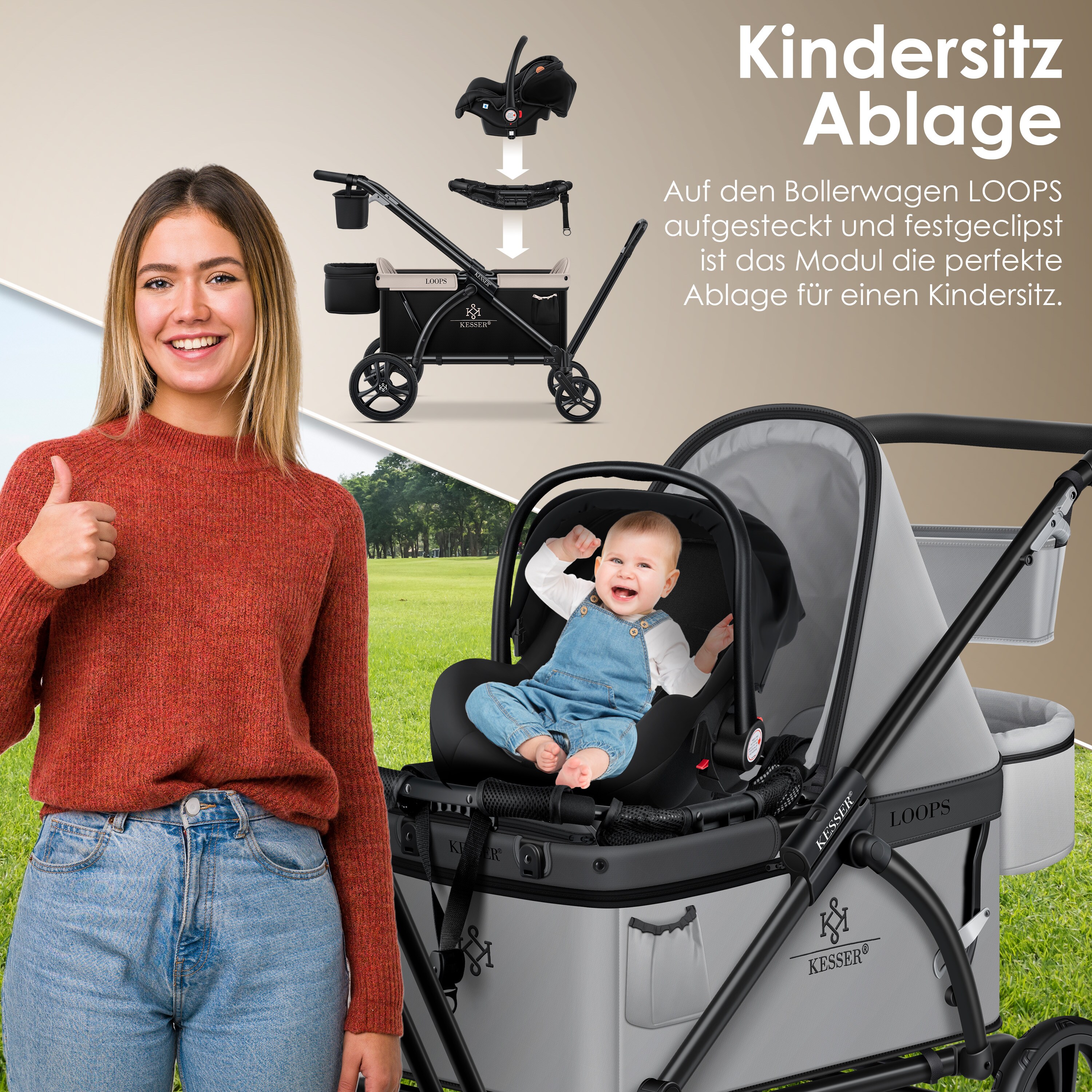 KESSER® Babyschale-Modul Kindersitzmodul-Aufsatz Zubehör Passend für LOOPS Faltbarer Bollerwagen Handwagen, Modul Universal für alle Babyschalle Babyliegeschale