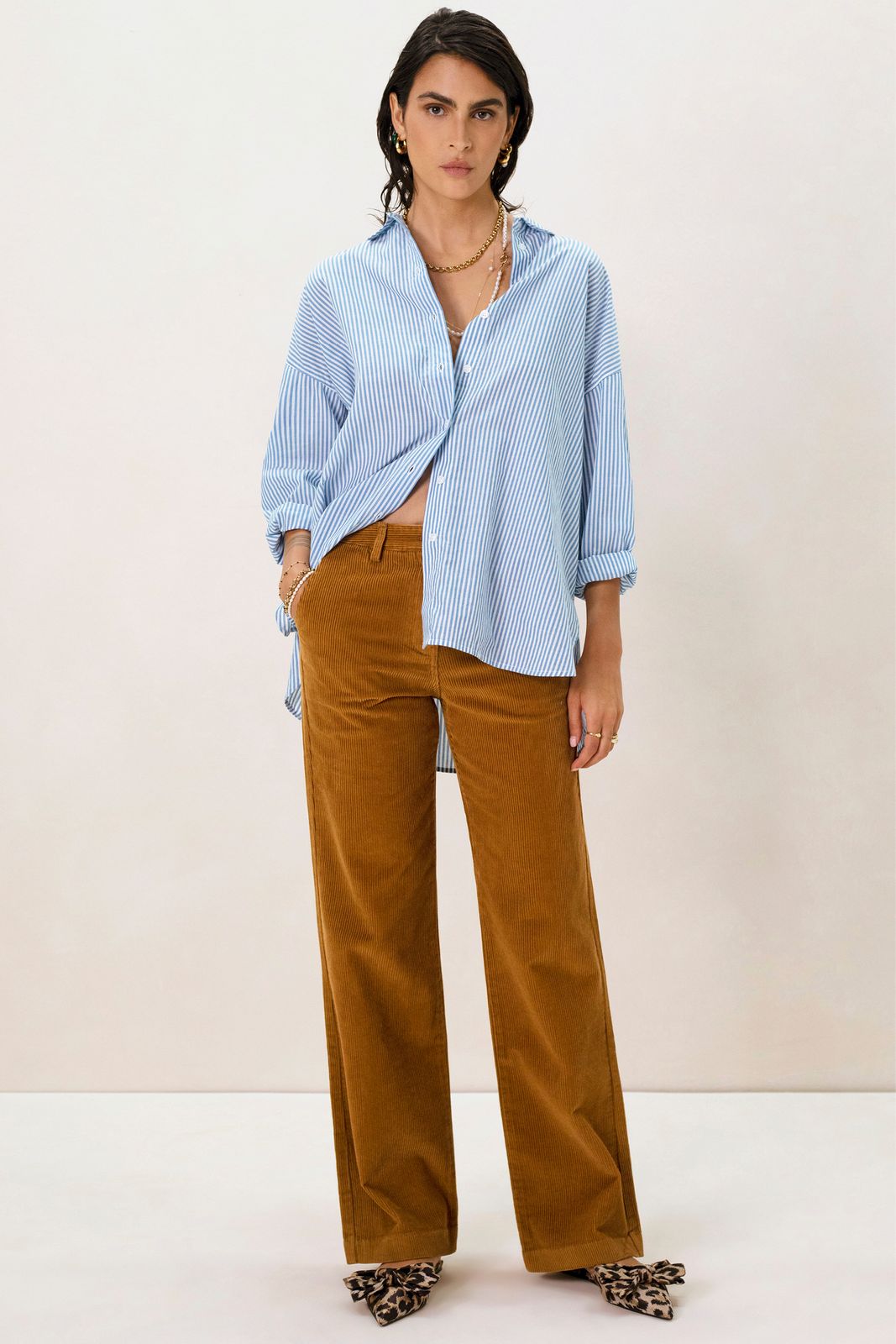 Bruine wide leg corduroy broek