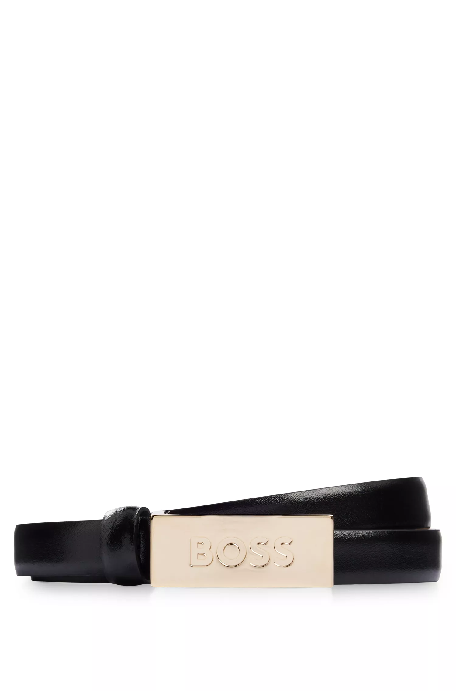 Cinto BOSS em couro italiano preto com placa de logotipo