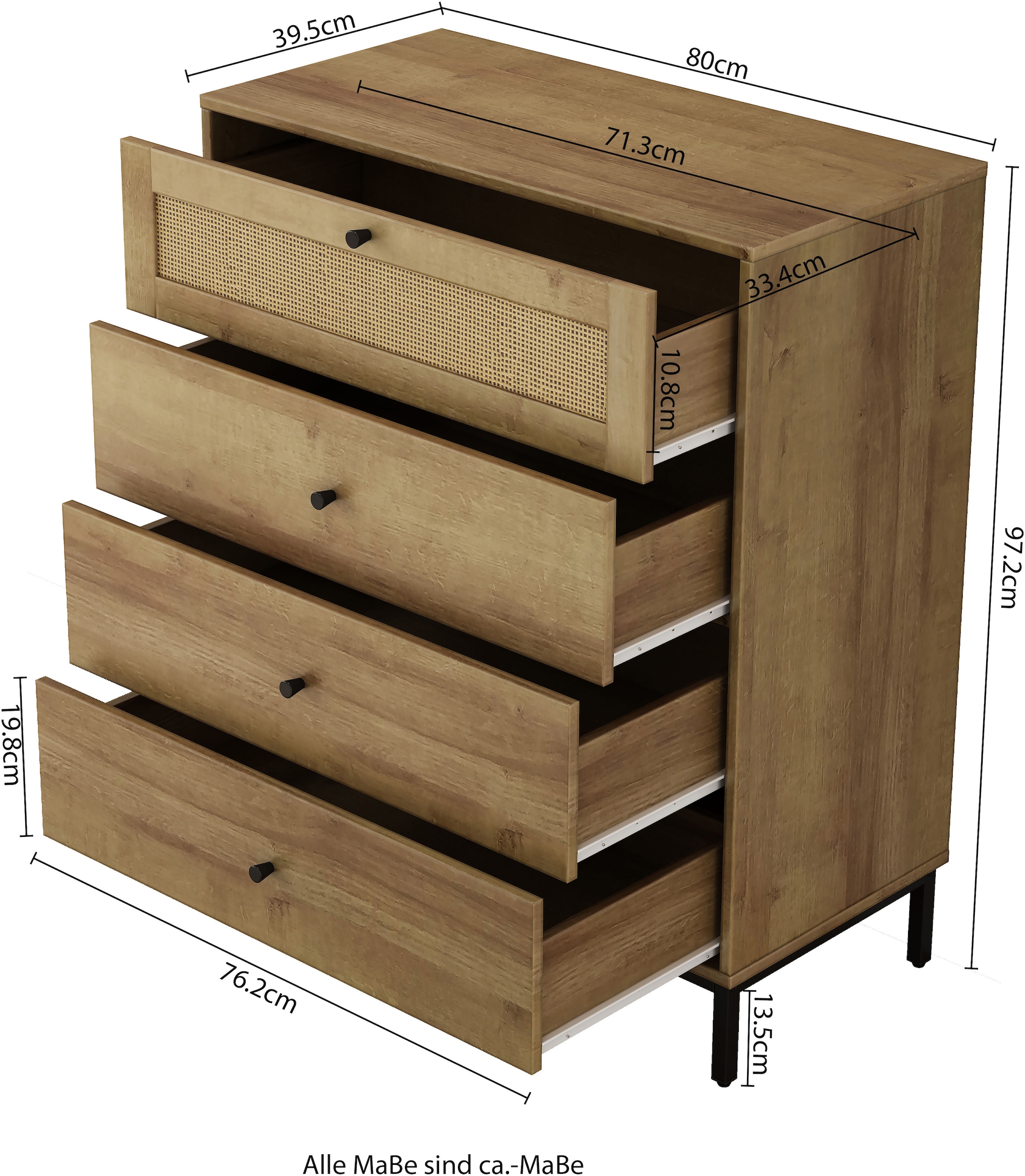 GOODproduct Kombikommode »Motala Sideboard Wäscheschrank im BOHO Design Bestseller Kommode« Eichen-Design mit Geflecht Schublade und schwarzen Griffen,