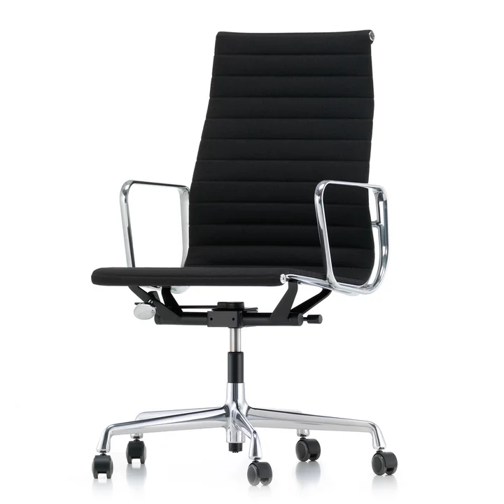 Vitra - EA 119 Bürostuhl Chrom mit Armlehnen, drehbar, Hopsak nero (Hartbodenrollen)