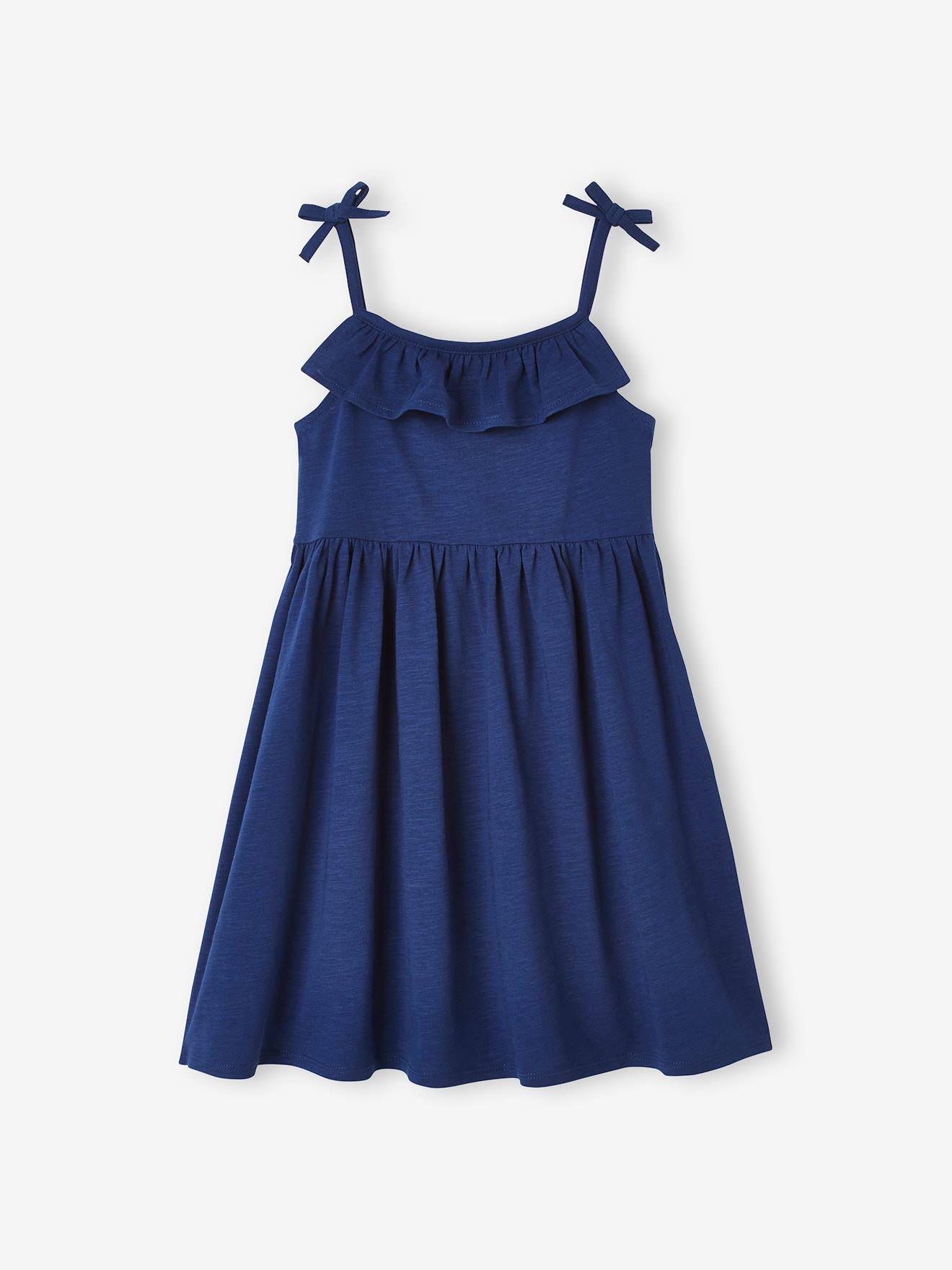 Conjunto com 2 vestidos de alças, 1 estampado + 1 liso, para meninas, azul médio, bicolor/multicolorido.