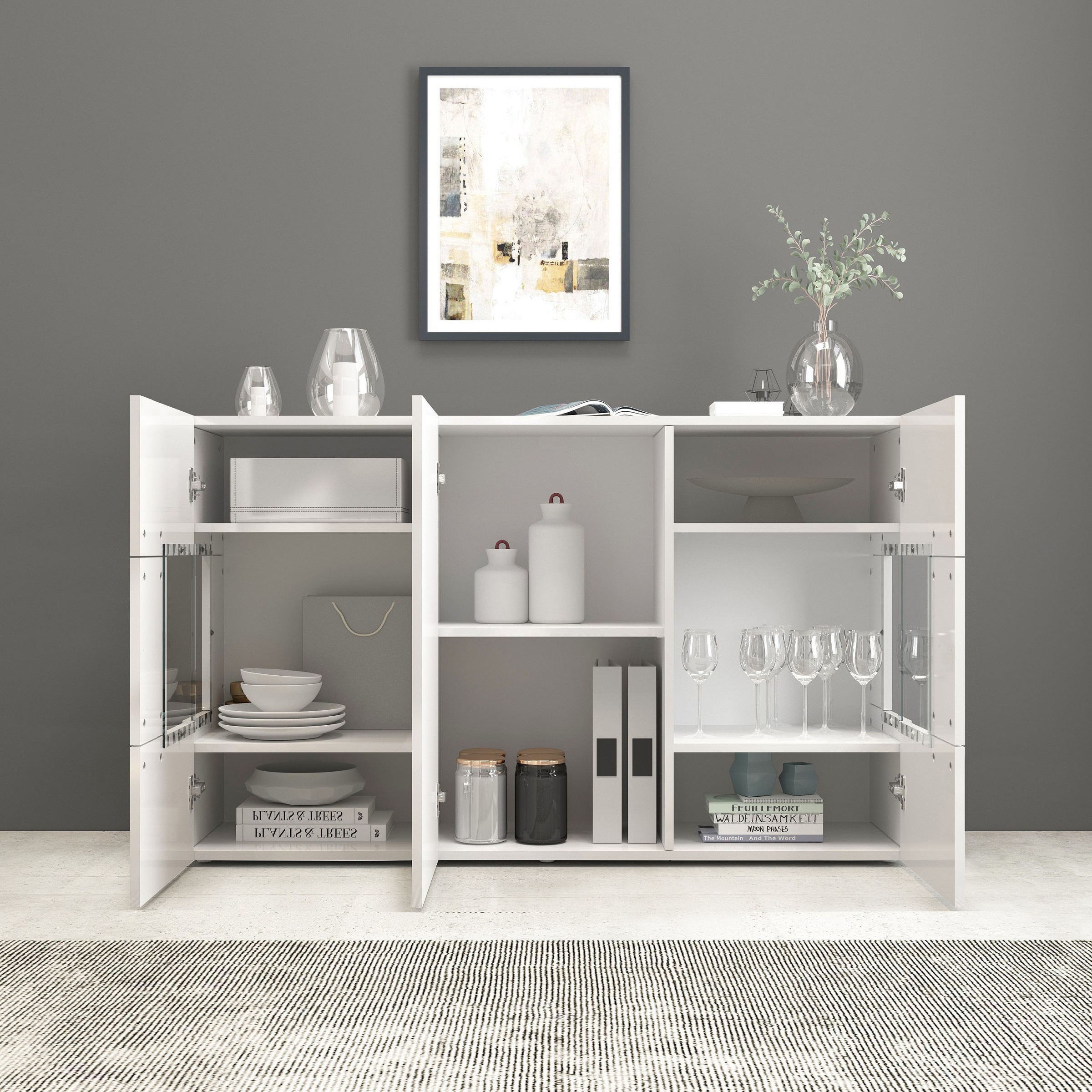 INOSIGN Sideboard »Egypt, Kommode, Schrank, Kredenz, Vitrine grifflos« 3 Türen davon 2 mit Glaseinsatz, kompl. Hochglanz lackiert Breite 135
