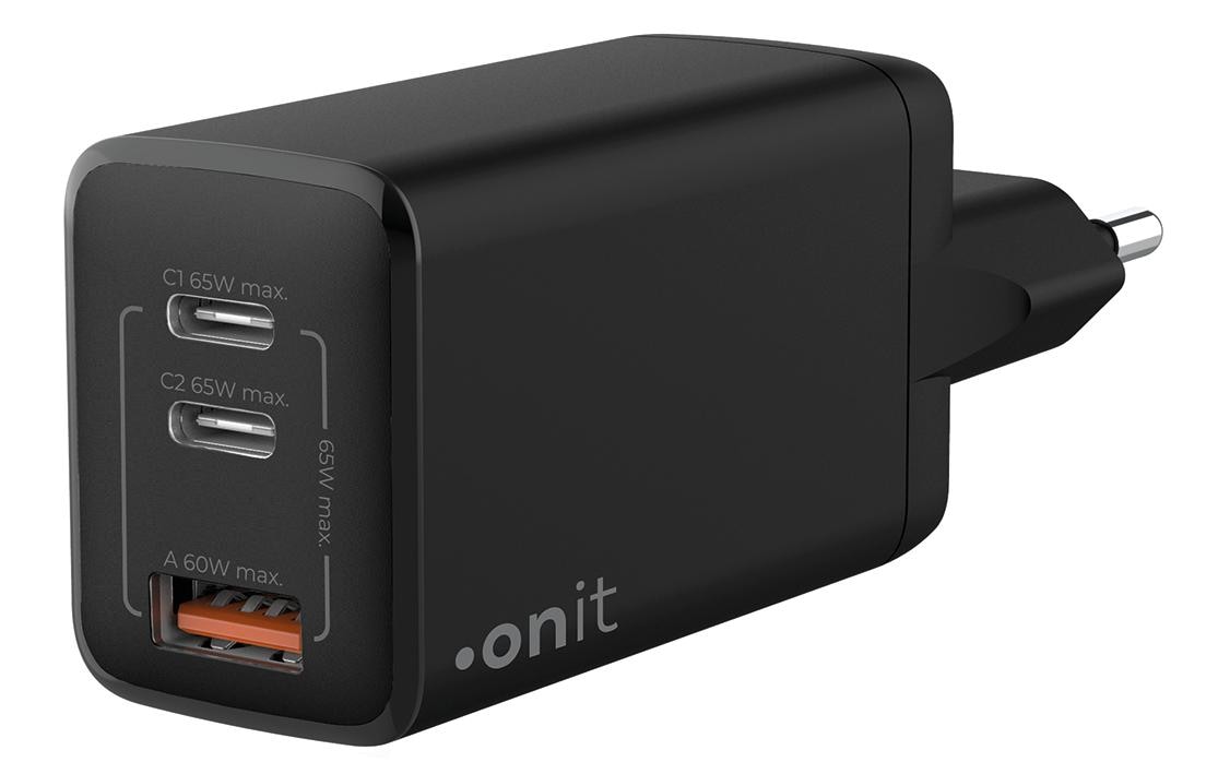 USB-Wandladegerät Trial QC4+ 65 W GaN SchwarzLadeadapter mit zwei USB-C-Ports und einem USB-A-Port