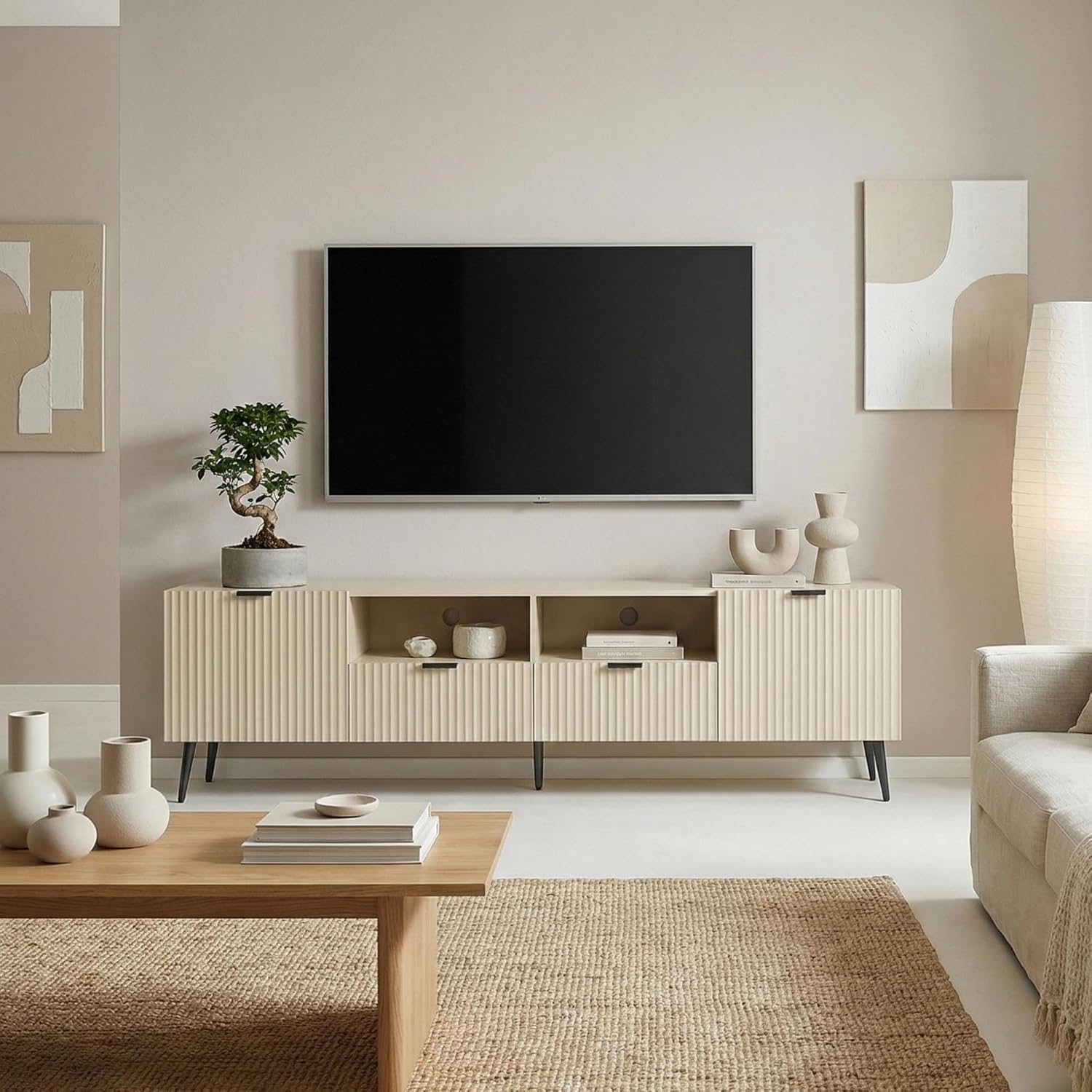 [en.casa] TV Schrank Nand Lowboard mit 2 Türen geriffelt Fernsehschrank mit 2 Schubladen 180 x 40 x 51 cm Sideboard Kommode Fernsehtisch Sandfarben
