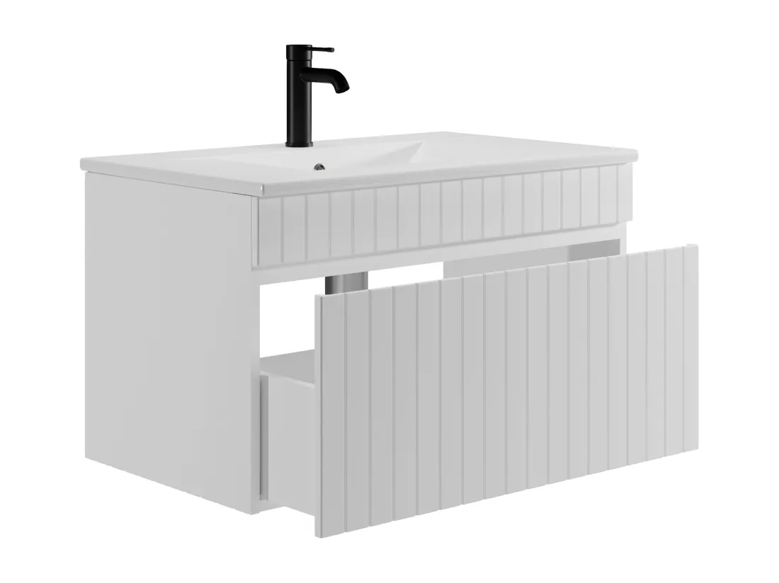 Meuble de salle de bain suspendu strié blanc avec vasque à encastrer - 80 cm - SATARA