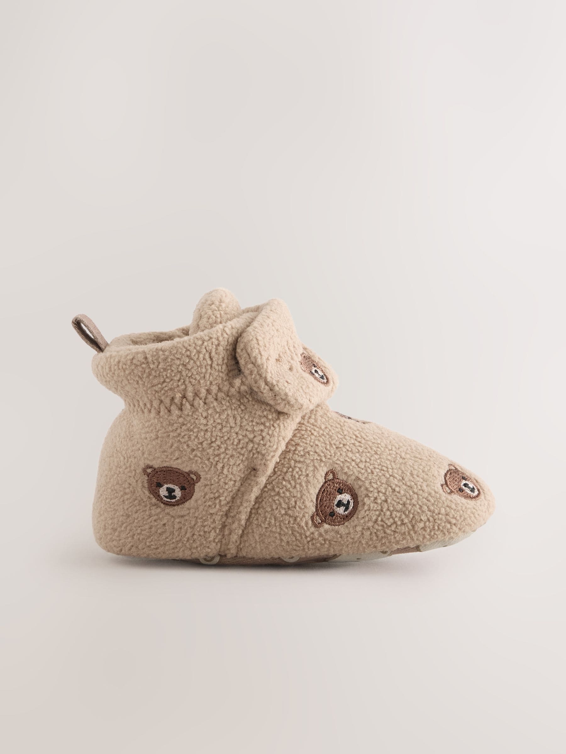 Naturel bruin met berenprint - Baby slofjes met klittenbandsluiting (0-2mnd)