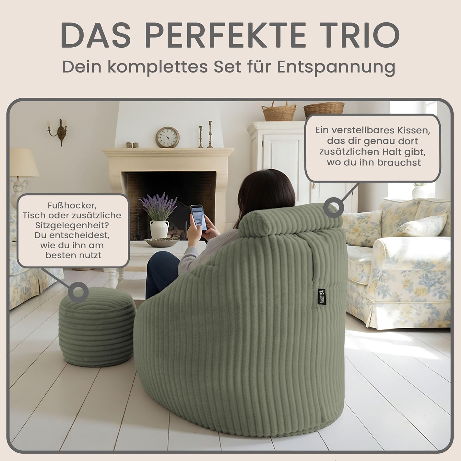 DreamRoots Sitzsack Erwachsene - Sessel Wohnzimmer 92x70x100 cm mit Hocker, Kopfstütze und Aufbewahrungstasche - Bean Bag Chair - Lesesessel Bequem Superweich und flauschig Cord 420 g/m² - Grün