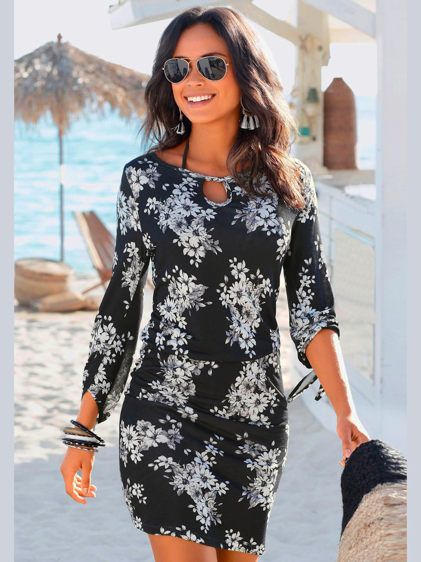 Robe de plage manches 3/4 avec lien à nouer