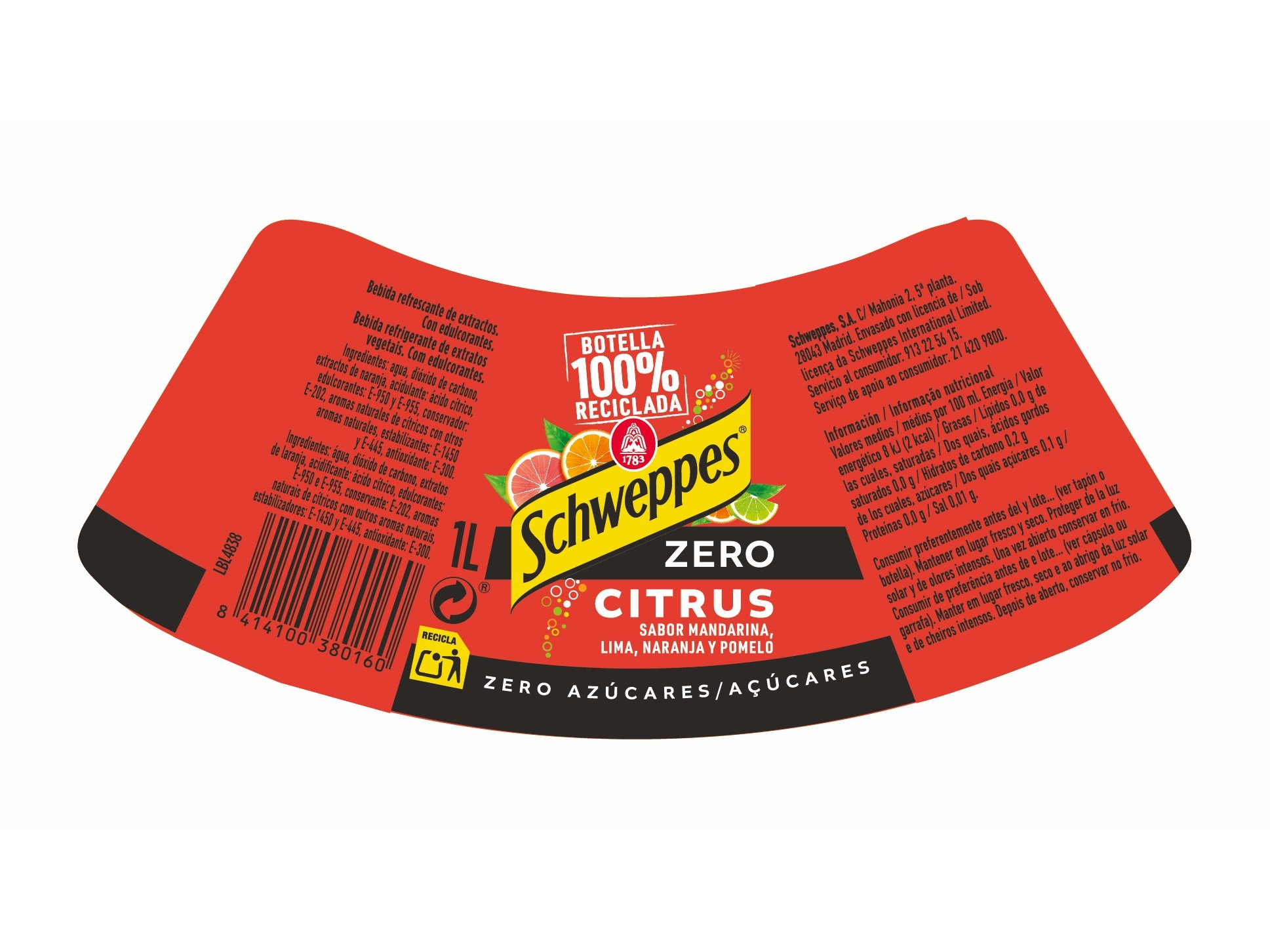 REFRIGERANTES COM GÁS SCHWEPPES CITRUS ZERO 1LT