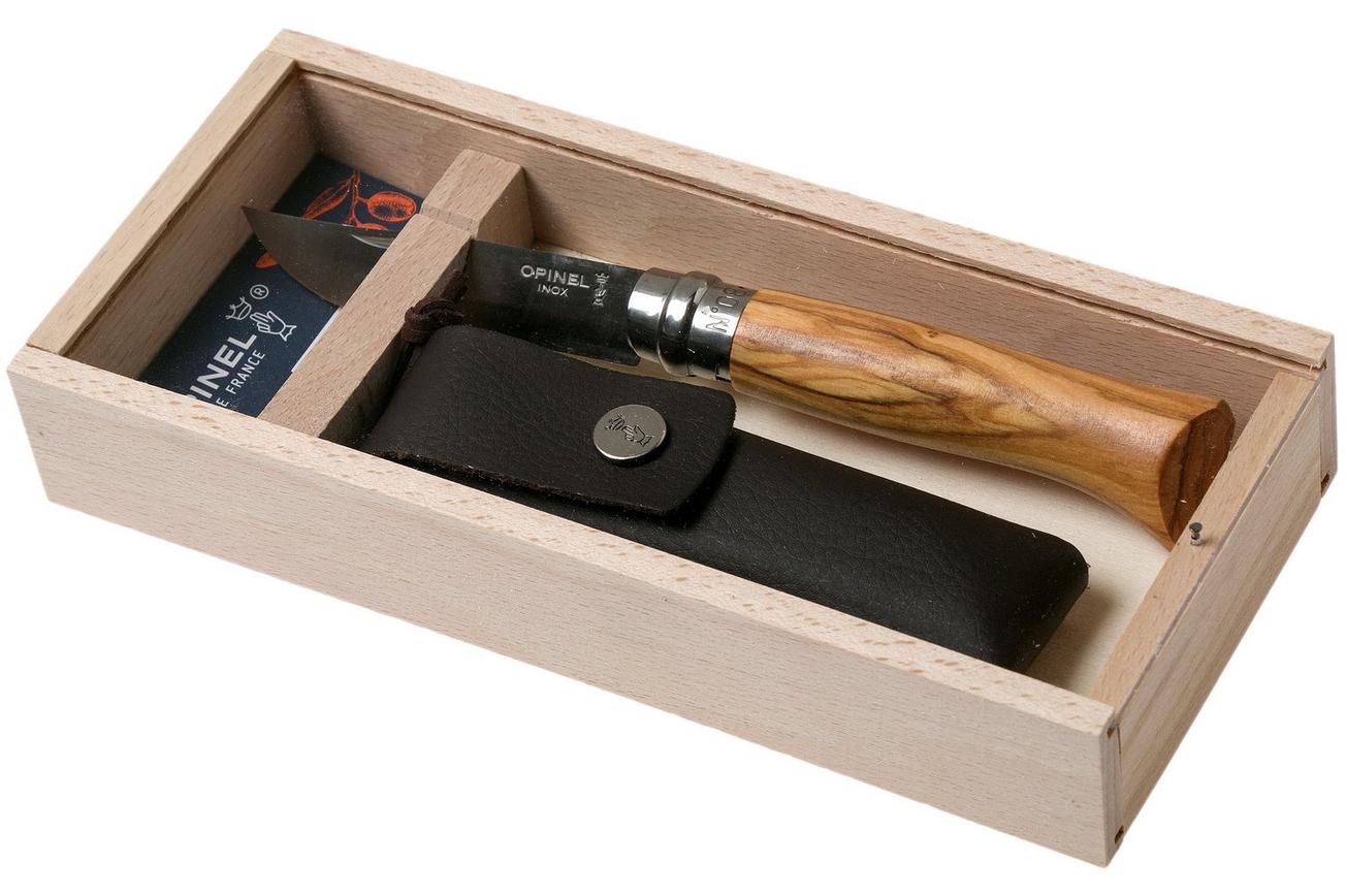 Opinel zakmes No. 8 Luxury Range met leren sheath, olijfhout