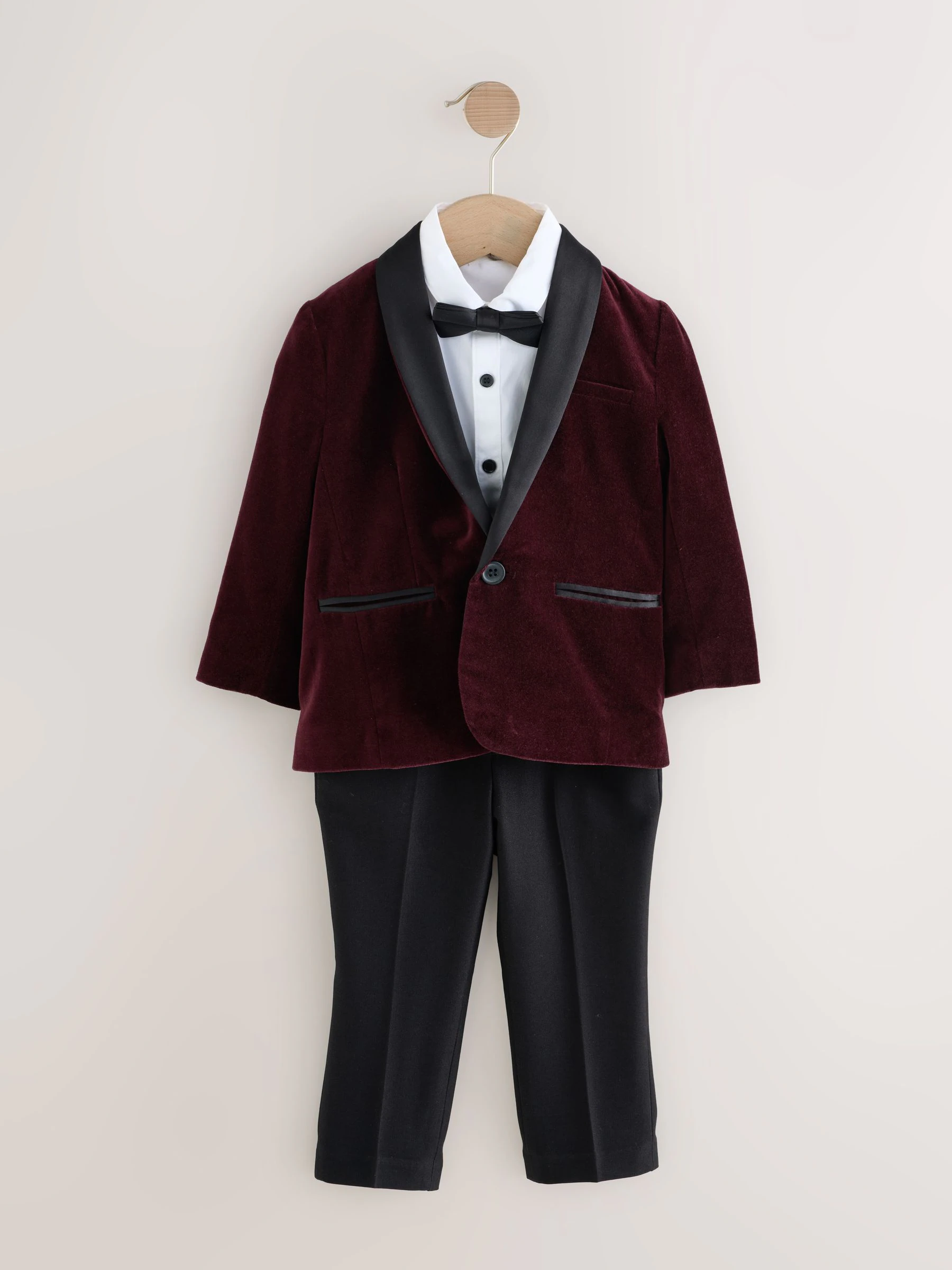 Bordeauxrood - Set van fluwelen blazer, overhemd, broek en vlinderdas (3mnd -9jr)