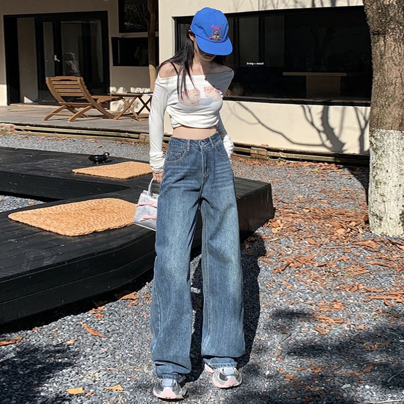 Denimot - High Waist Washed Wide Leg Jeans (diverse designs)