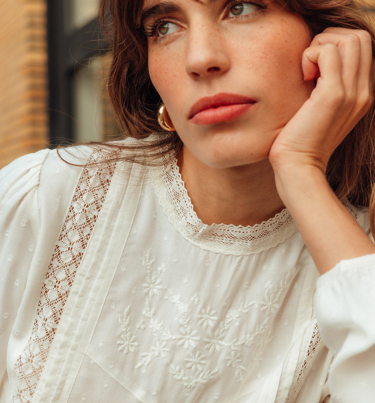 Blouse rétro brodée Femme - Ecru