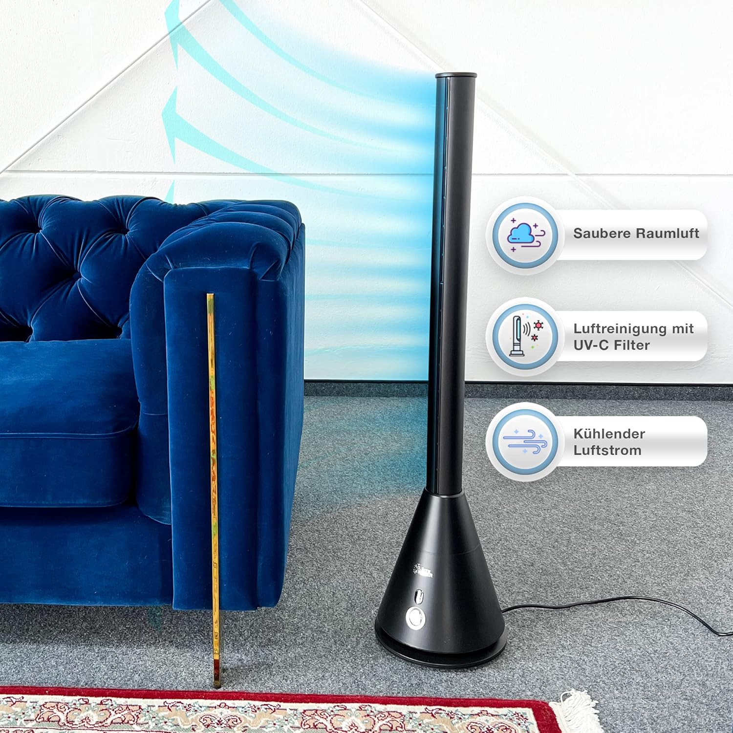 Kältebringer Turmventilator - Luftreiniger mit UV-C Filter - Timer & Schlafmodus - UV Sterilization - WIFI/App Steuerung - 80° schwenkbar - 9 Luftgeschwindigkeiten